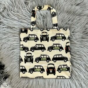 Harrods Cream PVC Shopping Tote Bag Reusable Black/Green Taxi Motif 10 In VTG